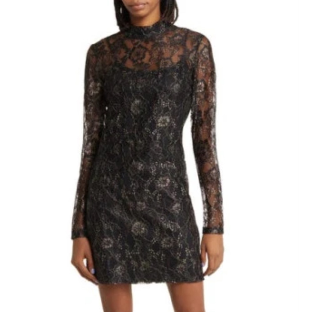 Charles Henry Floral Lace Long Sleeve Minidress in Black Lace Size Medium NWT